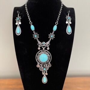 Turquoise and Silver Necklace and Earring Set